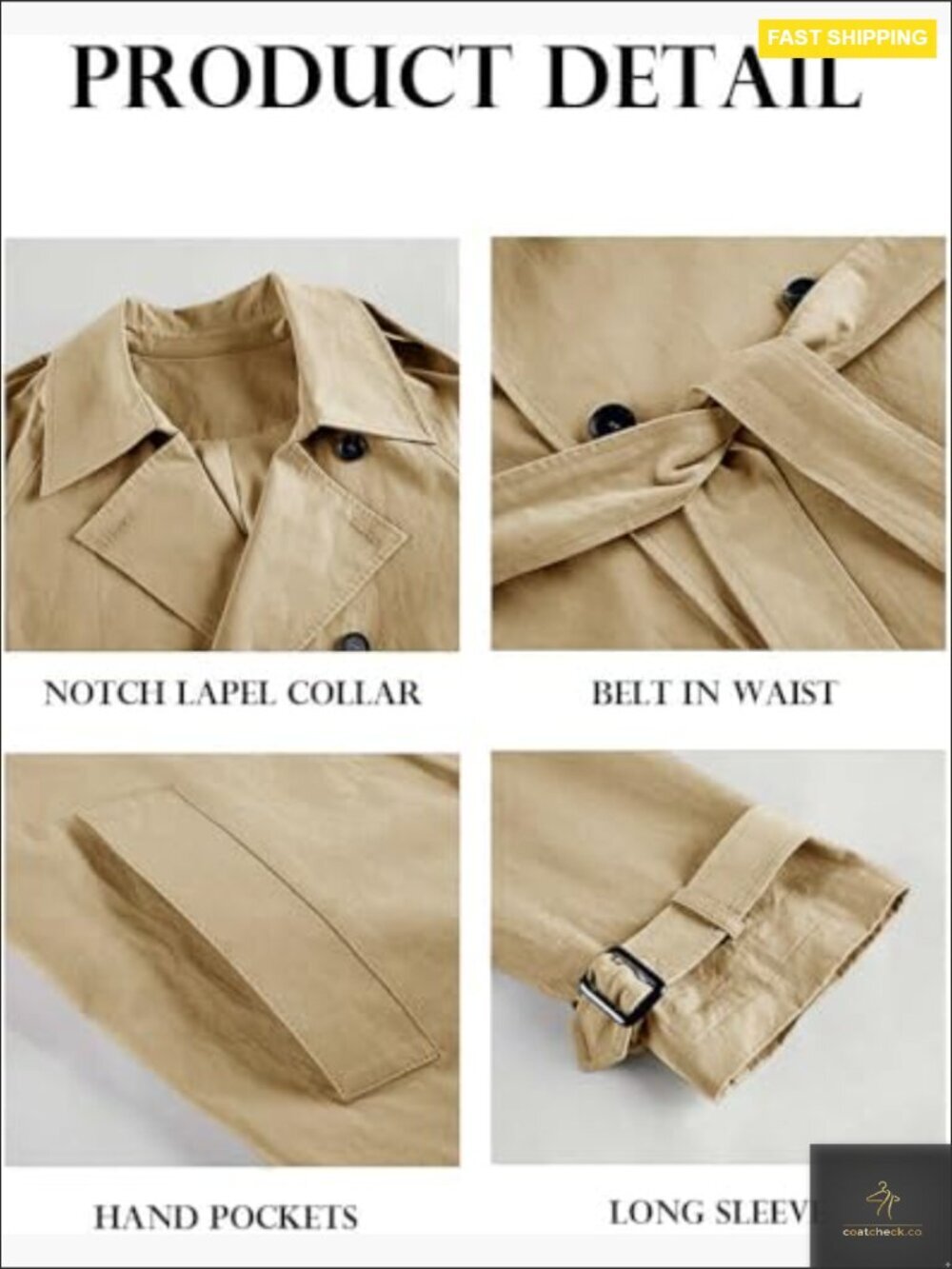 Double Breasted Trench Coat Classic Lapel Slim Fit Windproof Elegant Overcoat - Picture 6 of 7